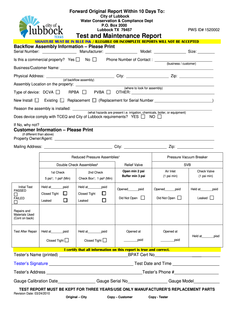  CITY of LUBBOCK BACKFLOW PREVENTION ASSEMBLY OSHA Injury and Illness FAQ 2010