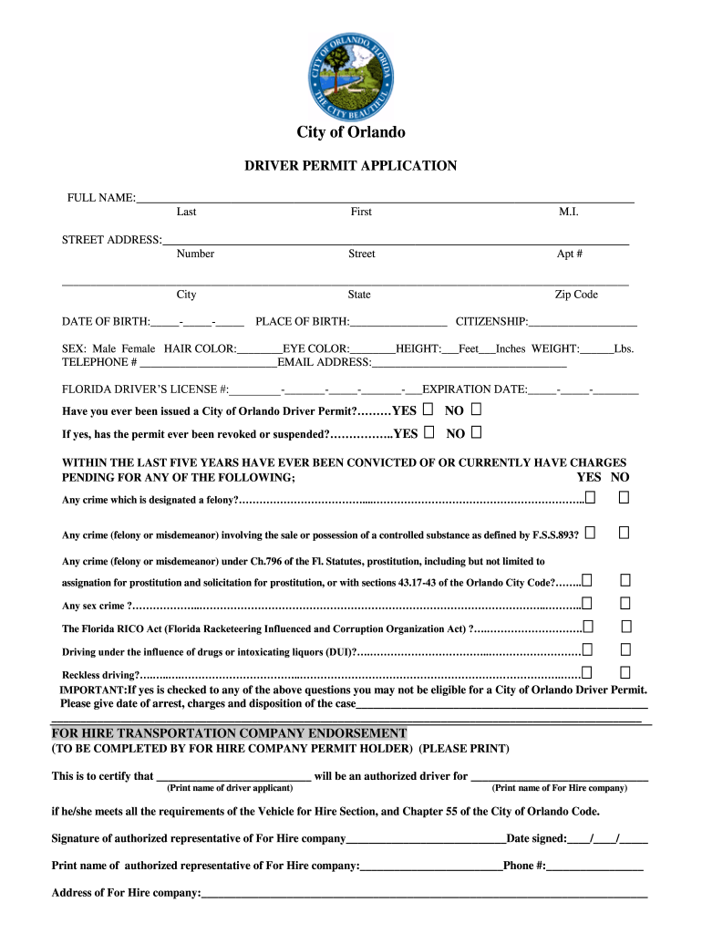 City of Orlando Vehicle for Hire  Form