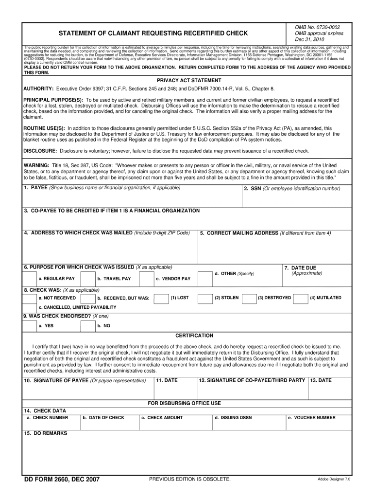  DD Form 2660, Statement of Claimant Requesting DTIC 2015