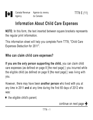 Form T778, Child Care Expenses Deduction Canada Ca