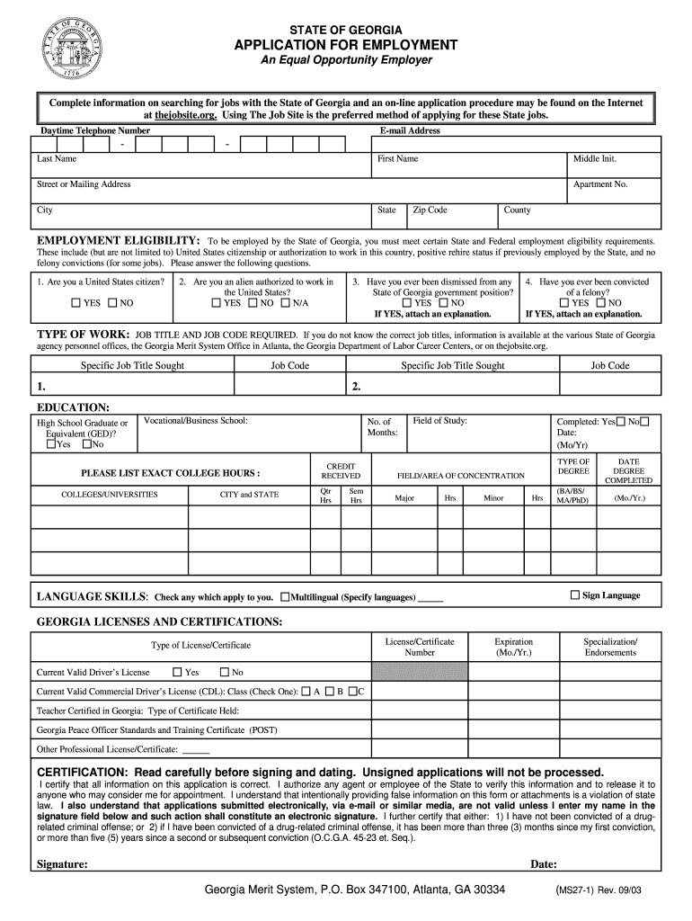  State of Georgia Application for Employment Form 2003