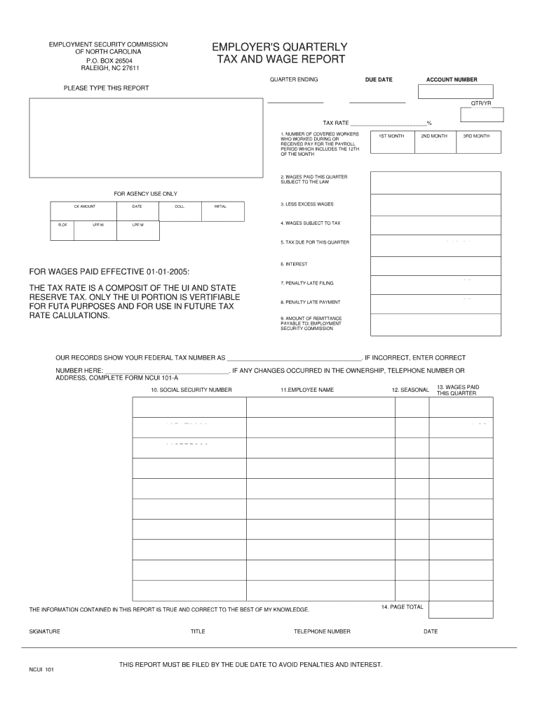 Nc Employers Quarterly Tax and Wage Report  Form