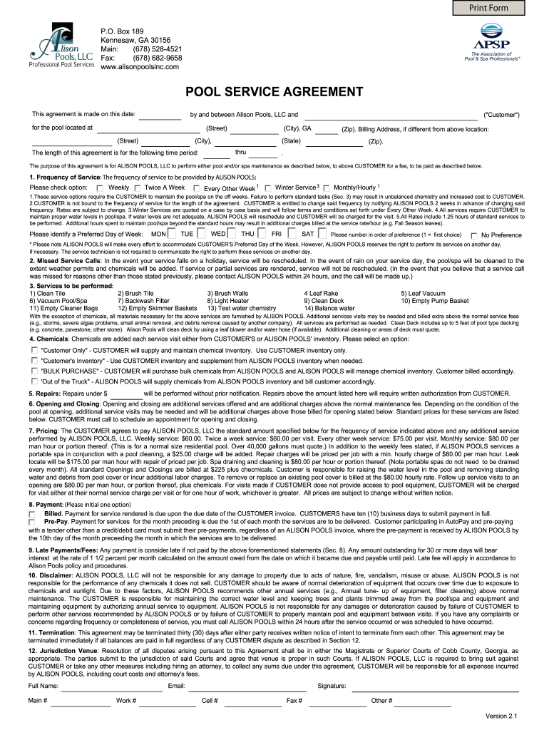 Pool Service Contract Form Fill Out and Sign Printable PDF Template