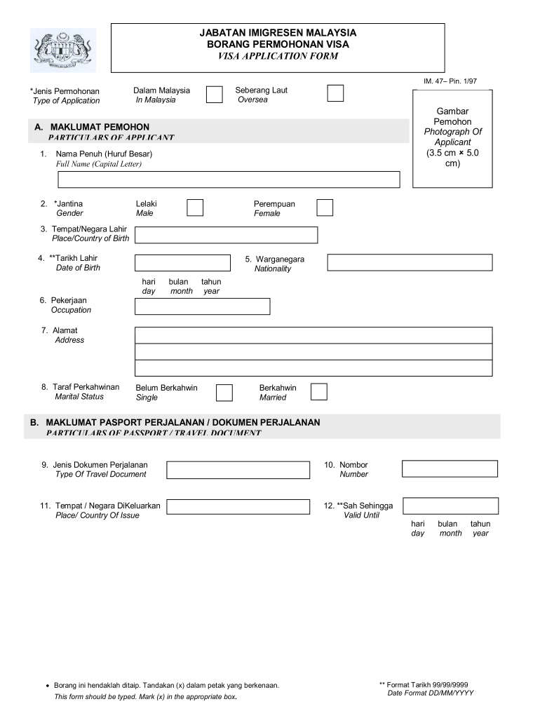 Jabatan Imigresen Malaysia Borang Permohonan Visa Application Form