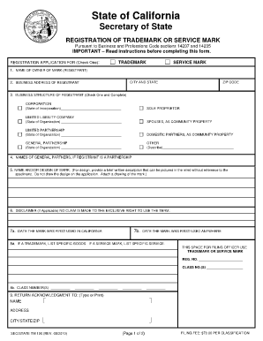 Registration of TrademarkService Mark California Secretary of State Sos Ca  Form