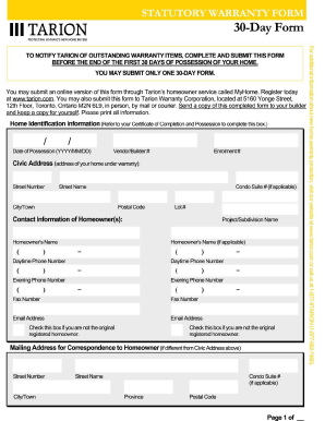 Tarion 30 Day Form