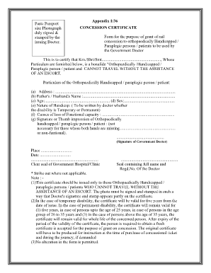 Railway Concession Form for Physically Handicapped PDF