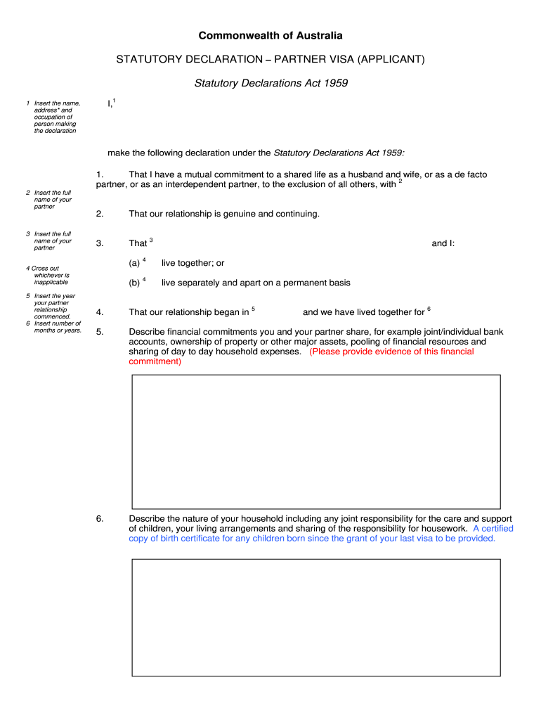 Statutory Declaration Partner Visa Sponsor  Form