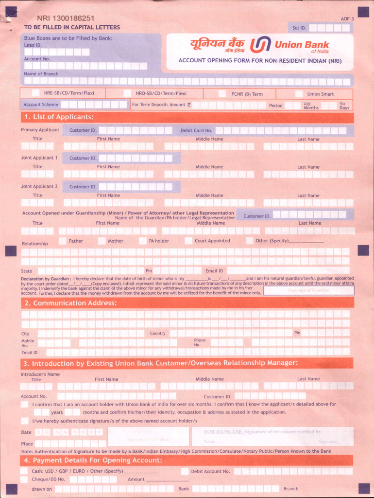 Union Bank of India Nri Account Opening Online  Form