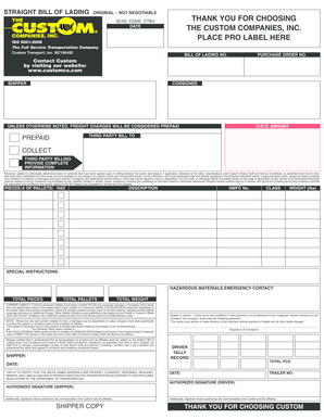 Custom Bill of Lading  Form