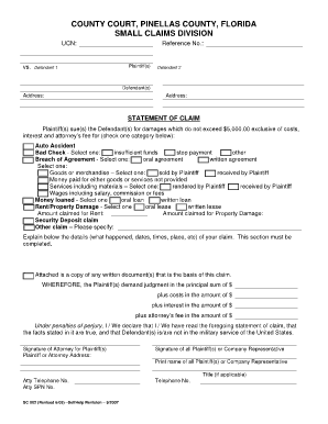 Statement of Claim Pinellas County Clerk of the Circuit Court Pinellasclerk  Form