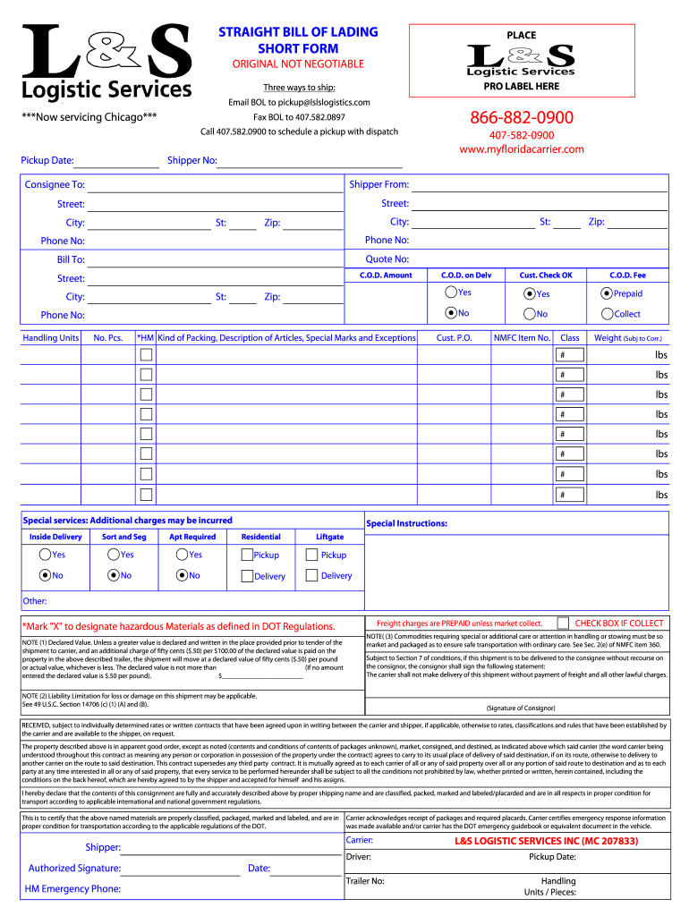 Get and Sign STRAIGHT BILL of LADING SHORT FORM  L&S Logistic Services 