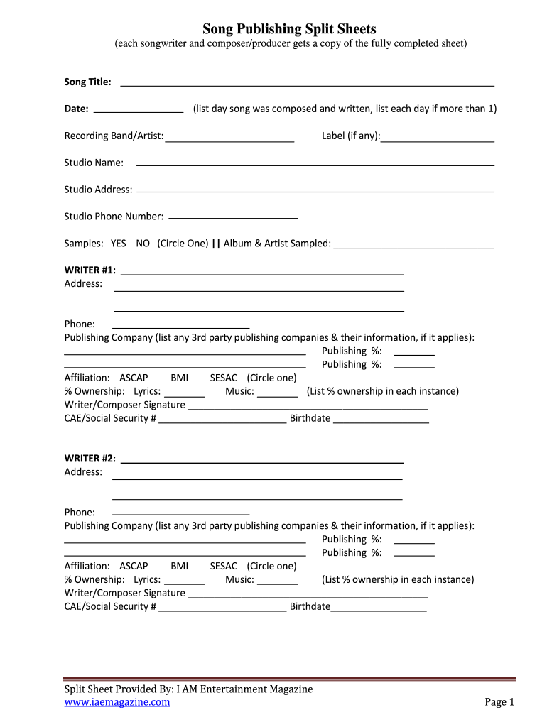 Split Sheet Template  Form