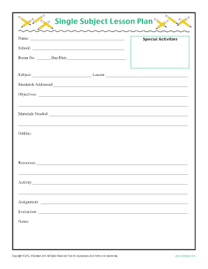 Single Subject Lesson Plan Template for Teachers K12 Reader  Form