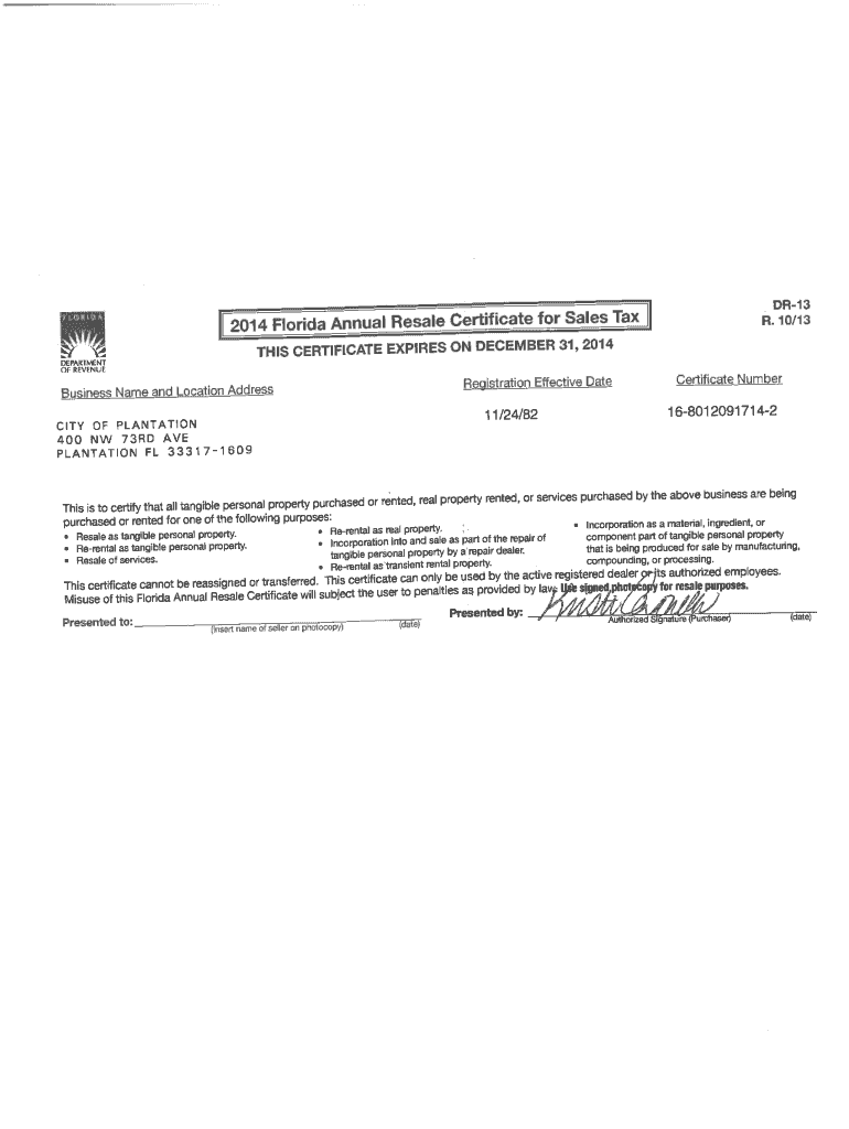 Fl Resale Certificate Form