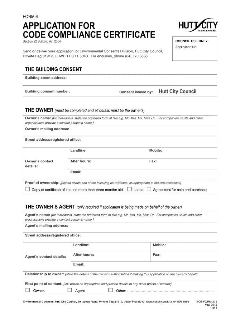  Application for Code Compliance Certificate Hutt City Council 2012