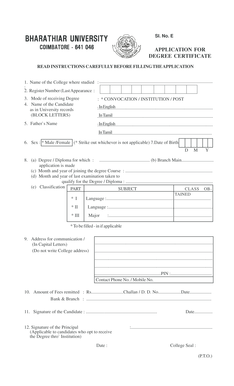 Bharathiar University Degree Certificate  Form