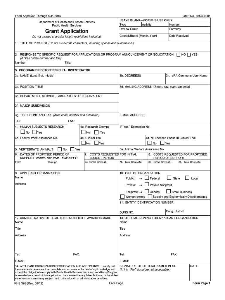  PHS 398 Form Page 1 NIH Grants Nih 2012