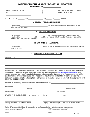 MOTION for CONTINUANCE DISMISSAL Austin, Texas Austintexas  Form