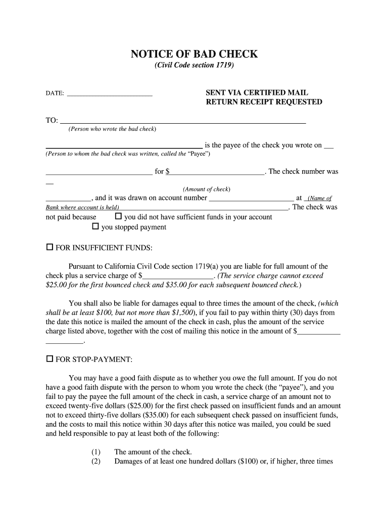 Notice of Bad Check Duplicate Deposit Demand Letter California  Form