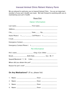 Inwood Animal Clinic Patient History Form