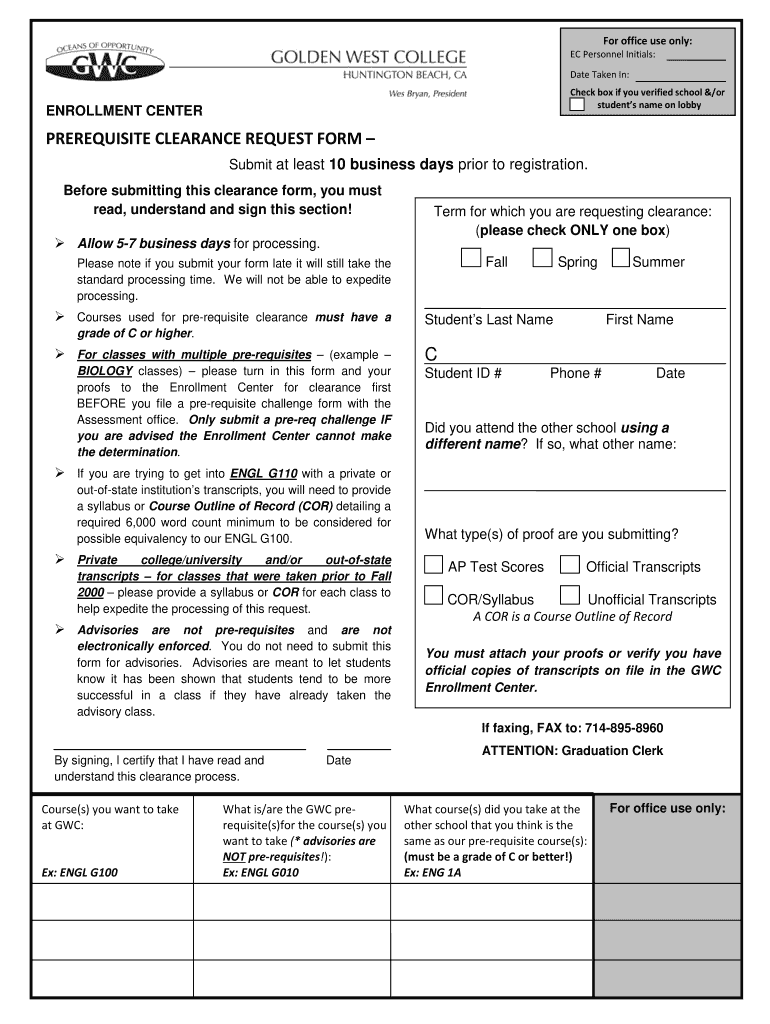 Gwc Prerequisite Clearance  Form