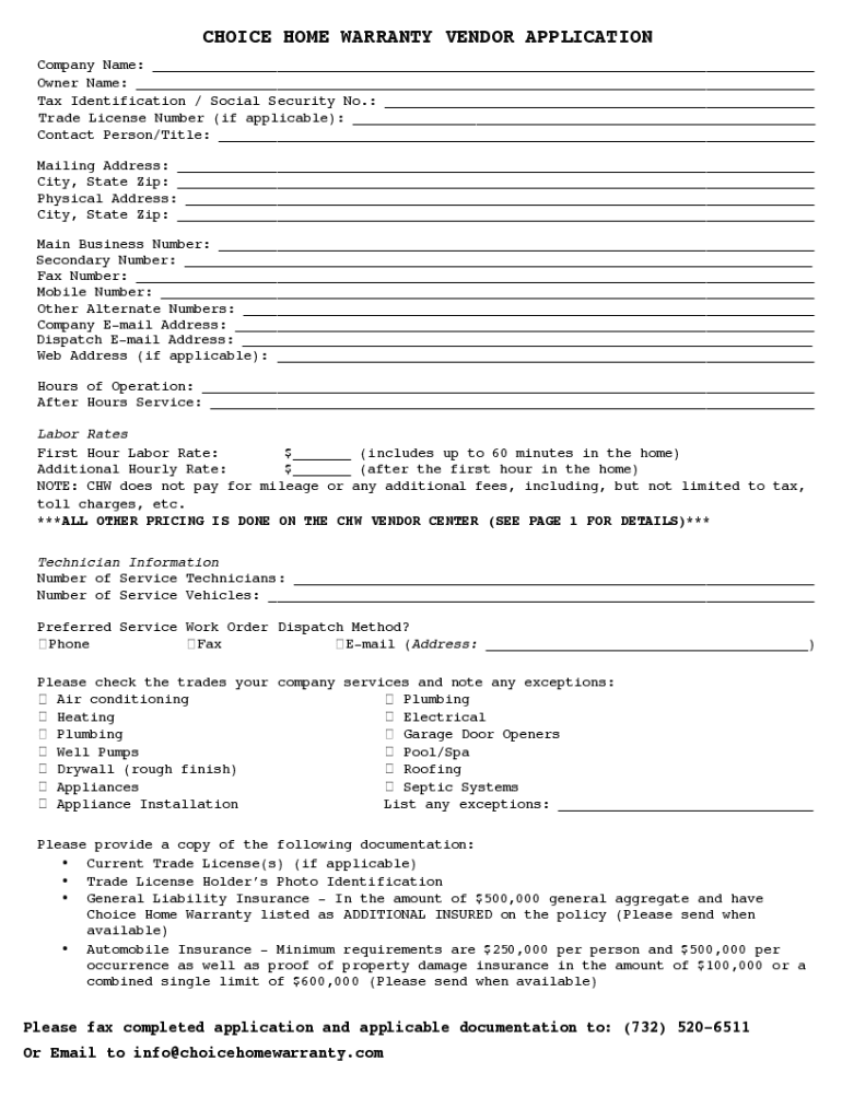 Choice Home Vendor  Form