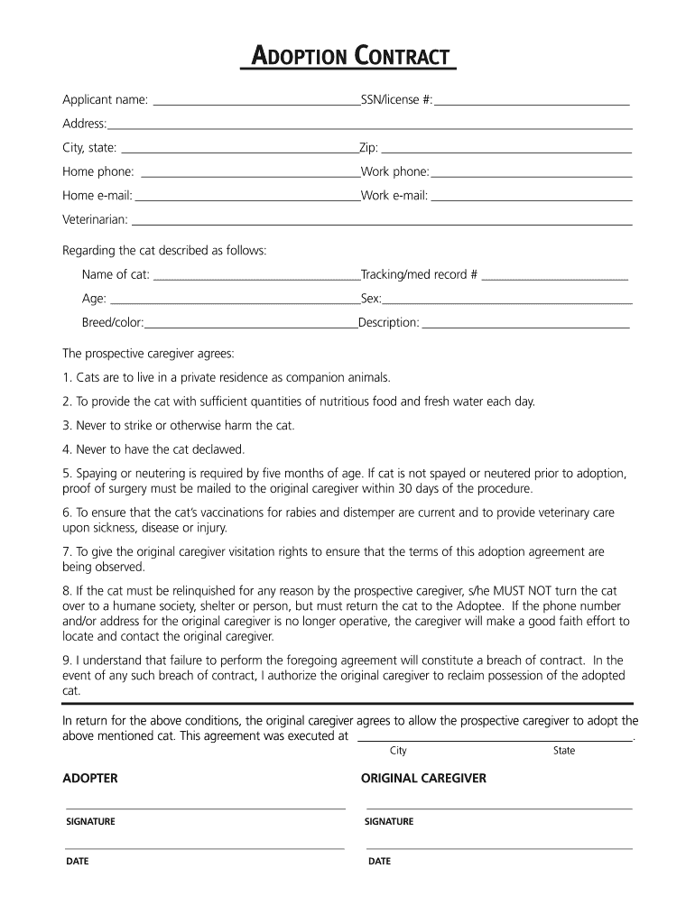 Cat Adoption Forms Printable