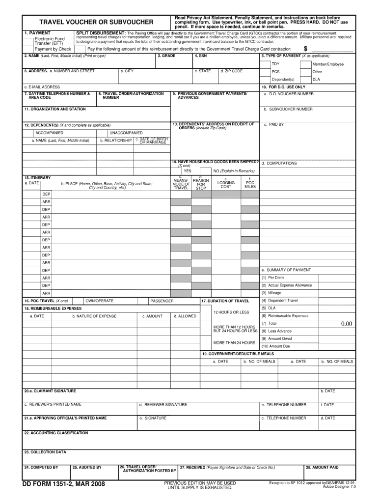  DD FORM 1351 2, MAR TRAVEL VOUCHER or 2011