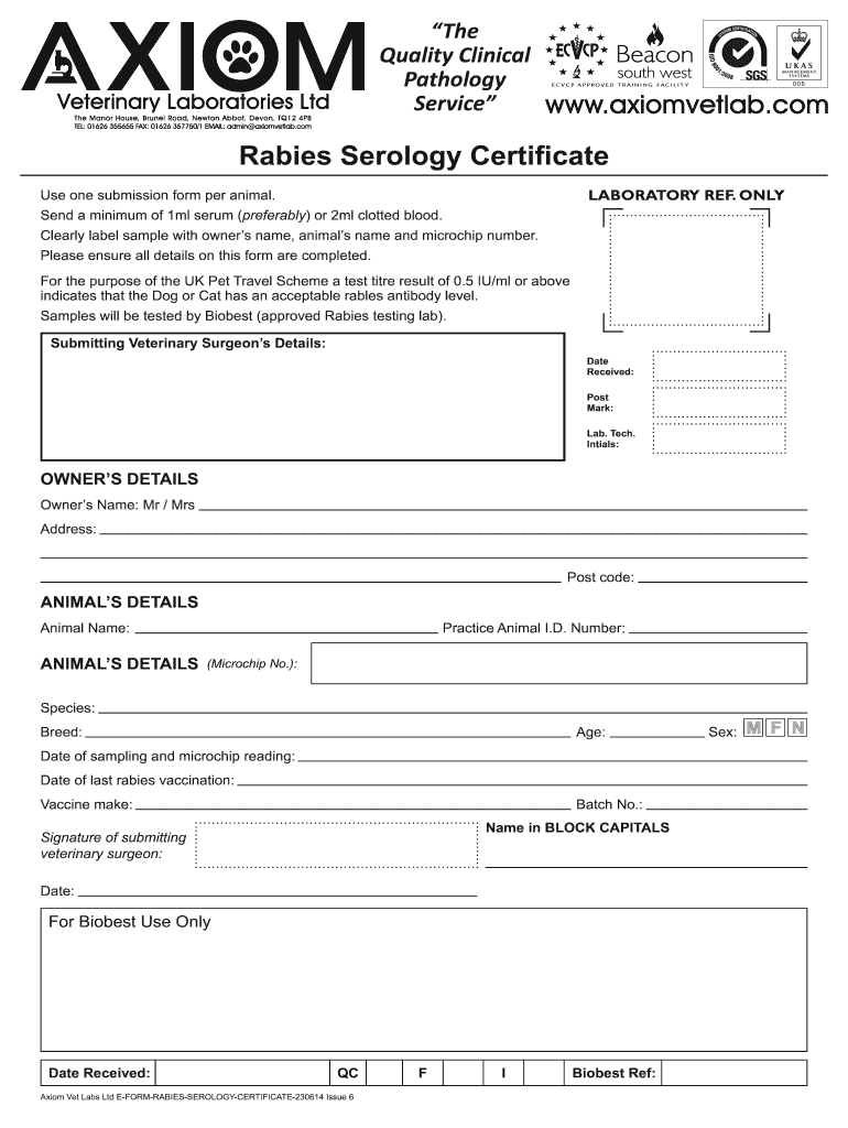  Rabies Serology Form 2014-2024