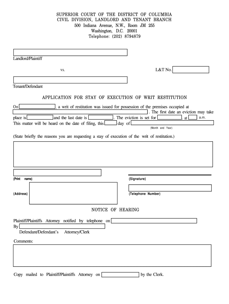 Writ of Restitution  Form