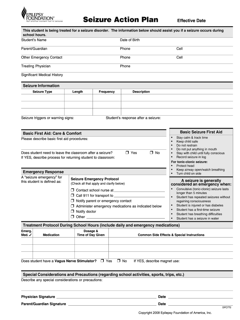 Seizure Action Plan Word Document  Form