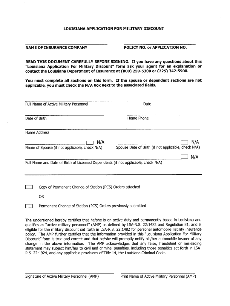 Louisiana Application for Military Discount  Form