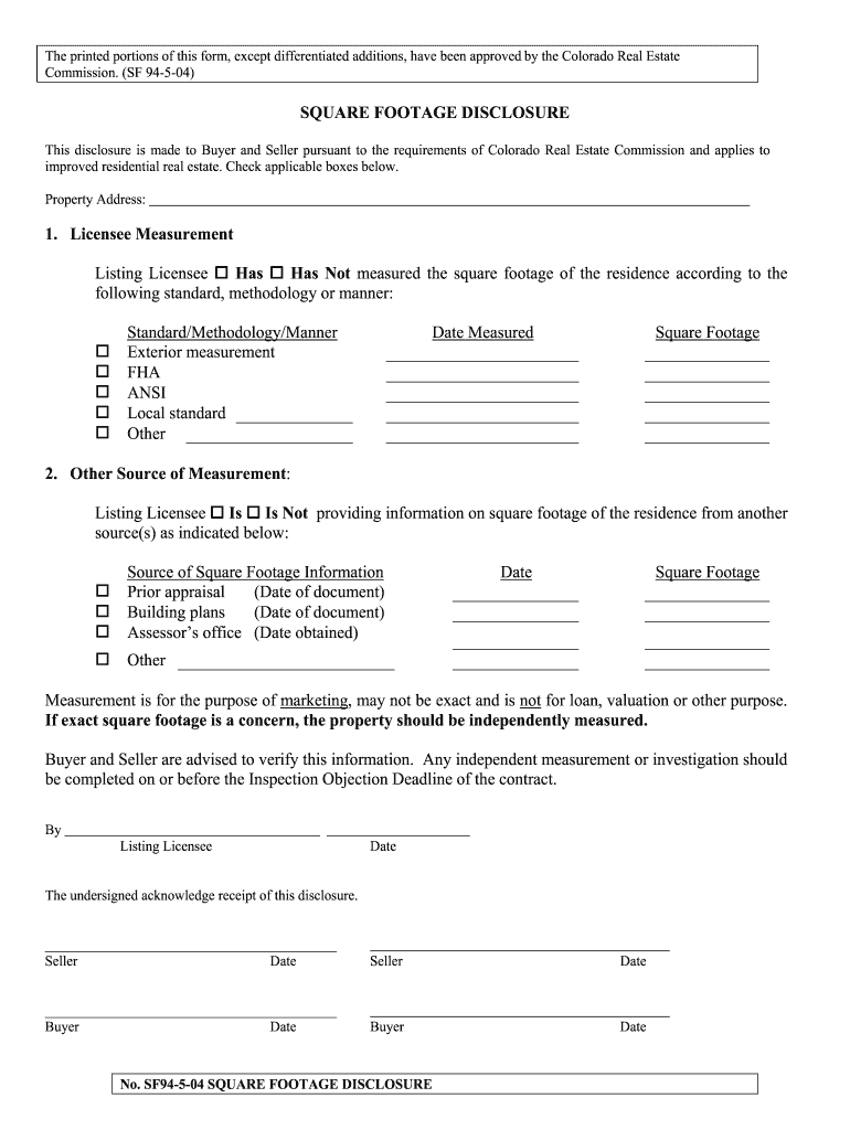  SF 94 Square Footage Disclosure Colorado Gov 2004-2024