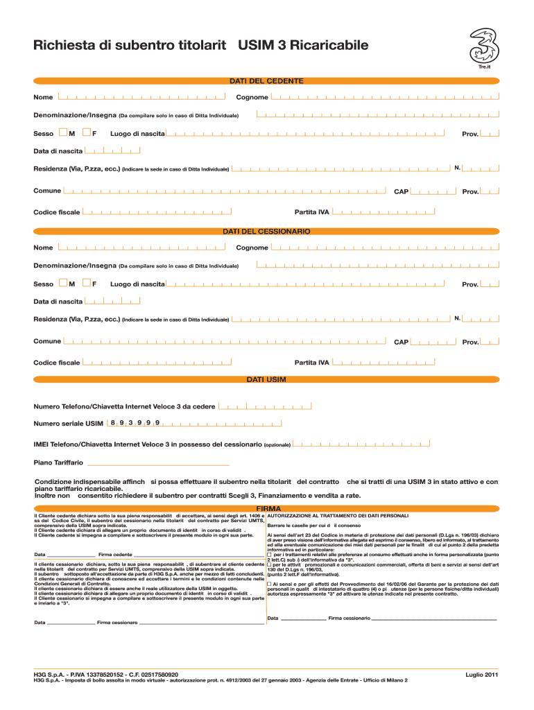 Modulo Richiesta Di Subentro Titolarit Sim 3 Ricaricabile  Form