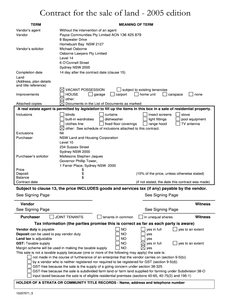 Contract of Sale of Land  Form