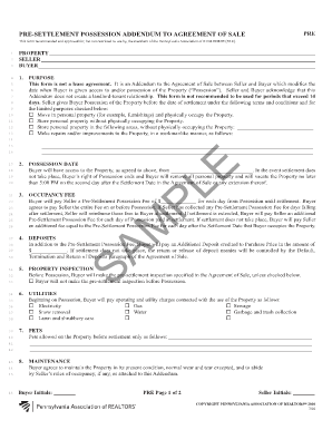 PRE SEttlEMEnt PoSSESSIon ADDEnDUM to AgREEMEnt of SalE Parealtor  Form