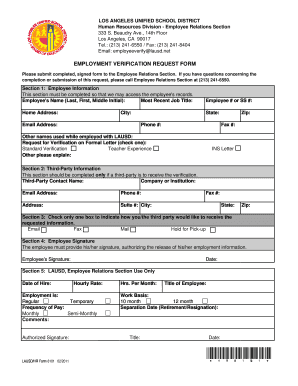 Los Angeles Unified School District Employment Verification  Form