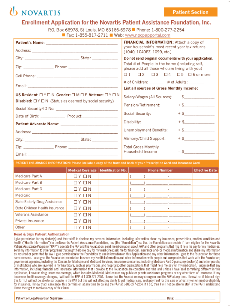 Enrollment Application for the Novartis Patient Assistance Foundation Inc  Form