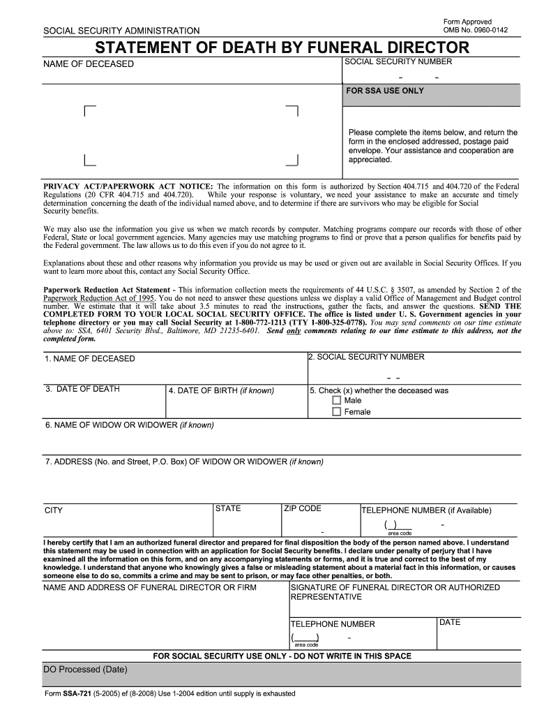 Get and Sign Social Security 721 Form Fillable 2008
