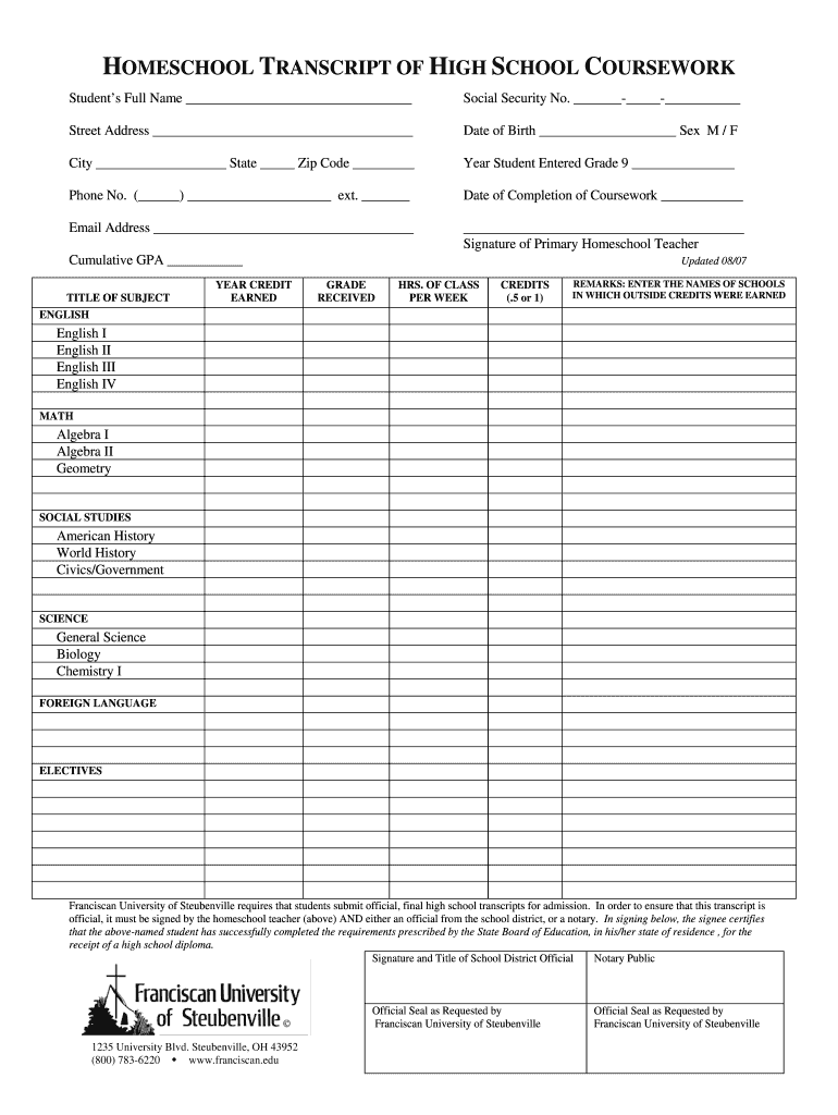 Template for Highschool Transcript List Form