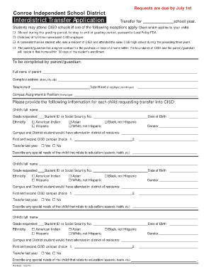 Inter District Transfer Application Conroe Independent School District  Form