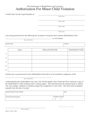 Authorization for Minor Child Visitation Ohio Department of Drc Ohio  Form