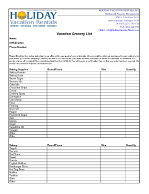 Vacation Grocery List Template  Form