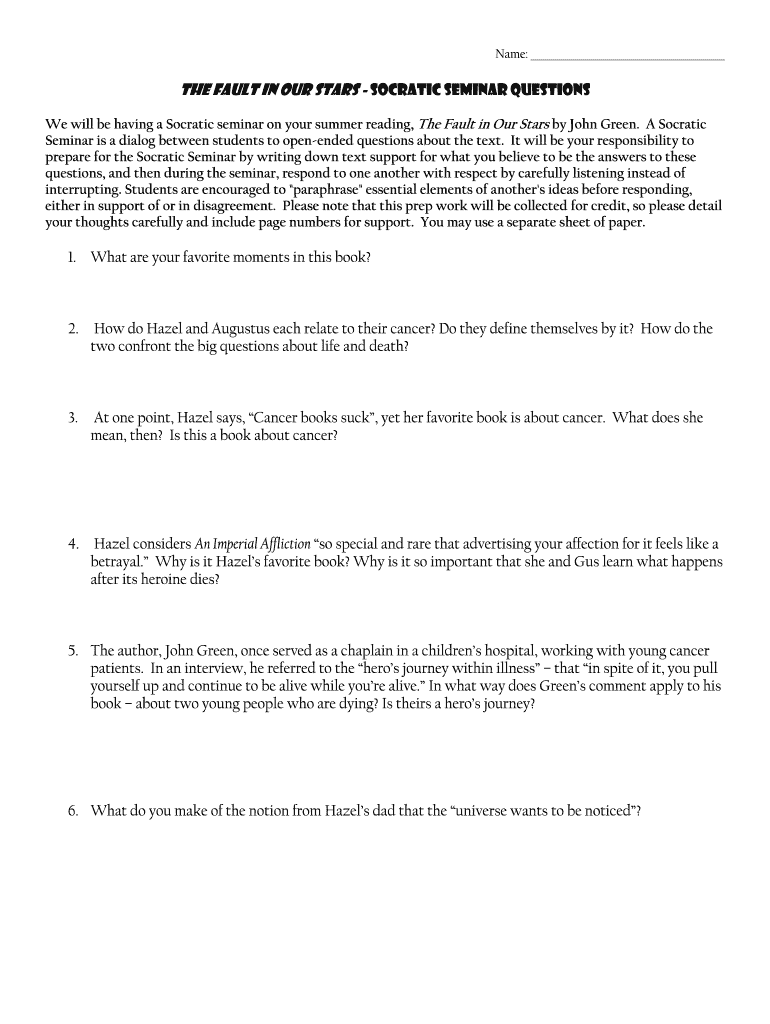 The Fault in Our Stars Chapter Questions PDF  Form