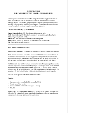 Instructions for Daily Meal Production Record Child Care H1530 Squaremeals  Form