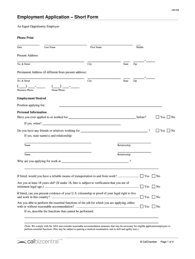 Employment Application Short Form