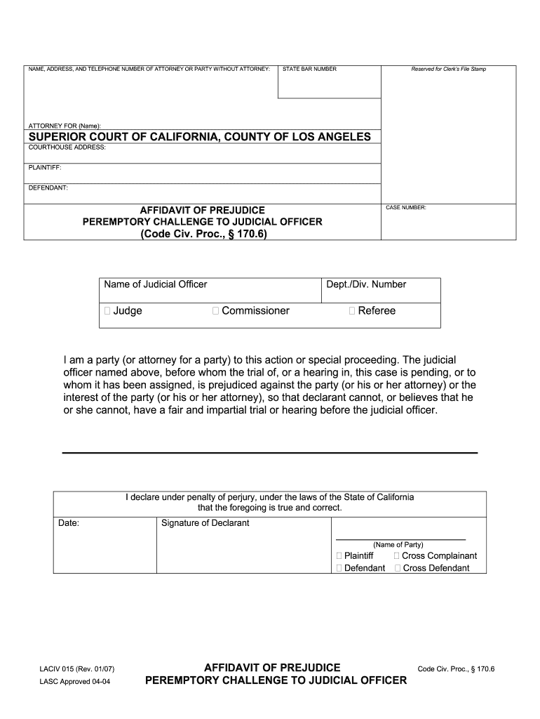 Affidavit of Prejudice California  Form