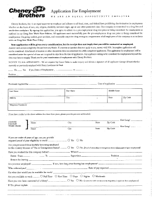 Cheney Application for Employment Cheney Brothers  Form