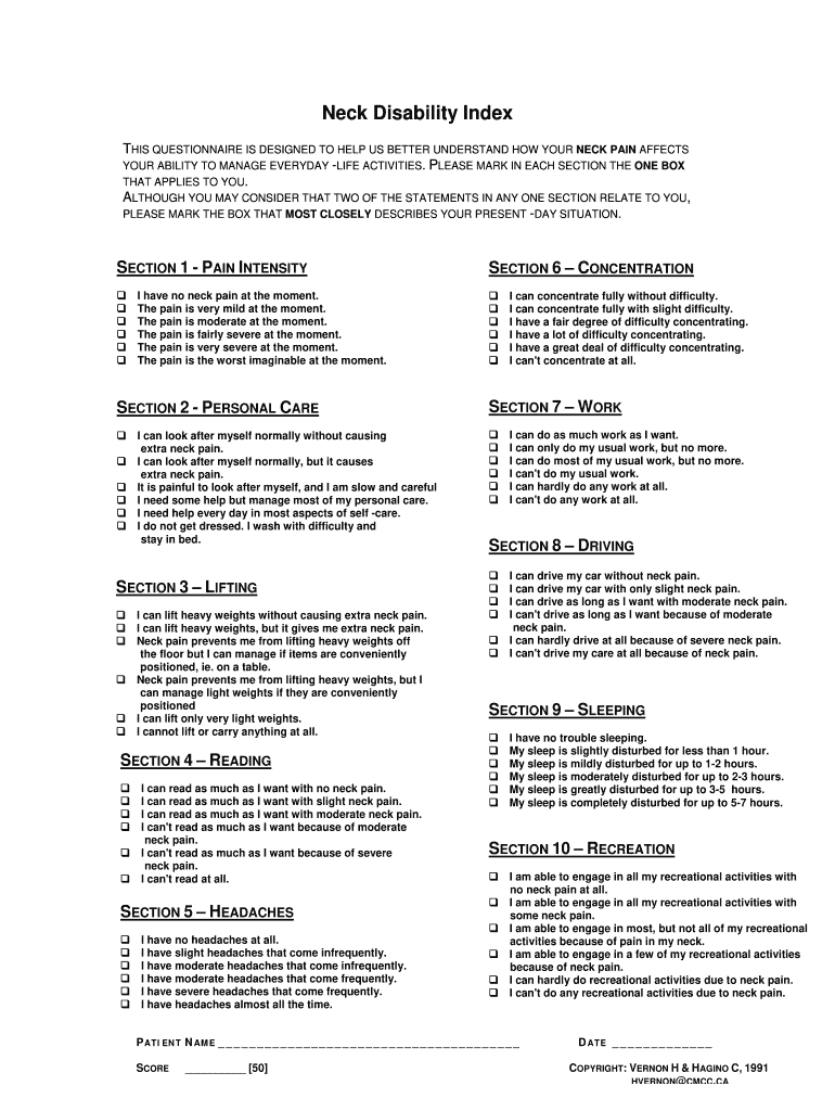 Neck Disability Index Spanish PDF  Form